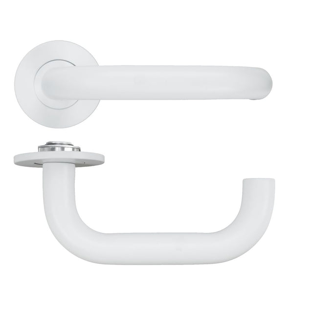 High quality image of the Rosso Tecnica - Maggiore Lever on 4mm Round Slim Sprung Rose - Powder Coat White | Sku. RT030-SLIM-PCW | available to order from Trade Door Handles.