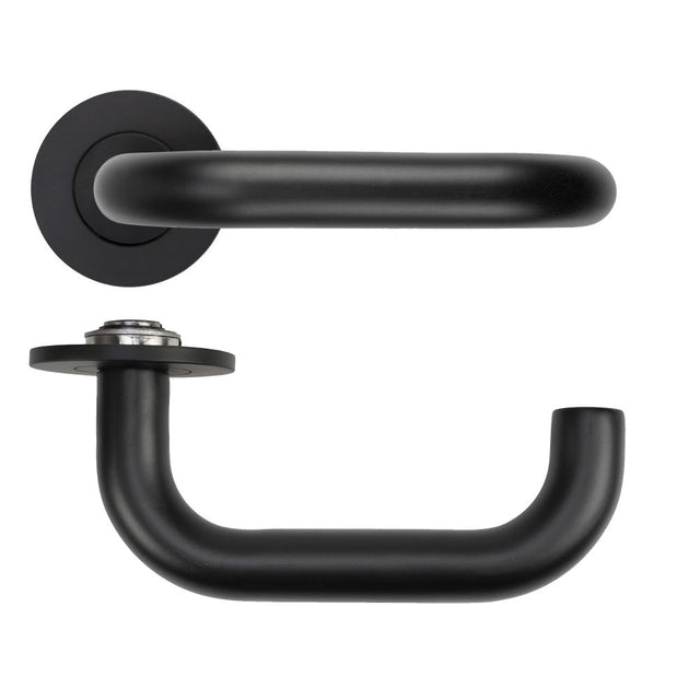High quality image of the Rosso Tecnica - Maggiore Lever on 4mm Round Slim Sprung Rose - PVD Black | Sku. RT030-SLIM-PVDBLK | available to order from Trade Door Handles.