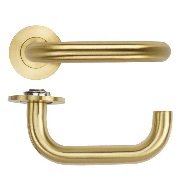 High quality image of the Rosso Tecnica - Maggiore Lever on 4mm Round Slim Sprung Rose - PVD Satin Brass | Sku. RT030-SLIM-PVDSB | available to order from Trade Door Handles.