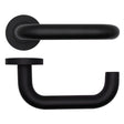 High quality image of the Rosso Tecnica - Maggiore Lever on Round Rose - Powder Coat Black | Sku. rt030pcb | available to order from Trade Door Handles.