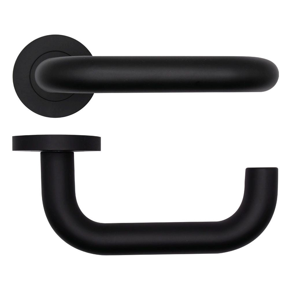 High quality image of the Rosso Tecnica - Maggiore Lever on Round Rose - Powder Coat Black | Sku. rt030pcb | available to order from Trade Door Handles.