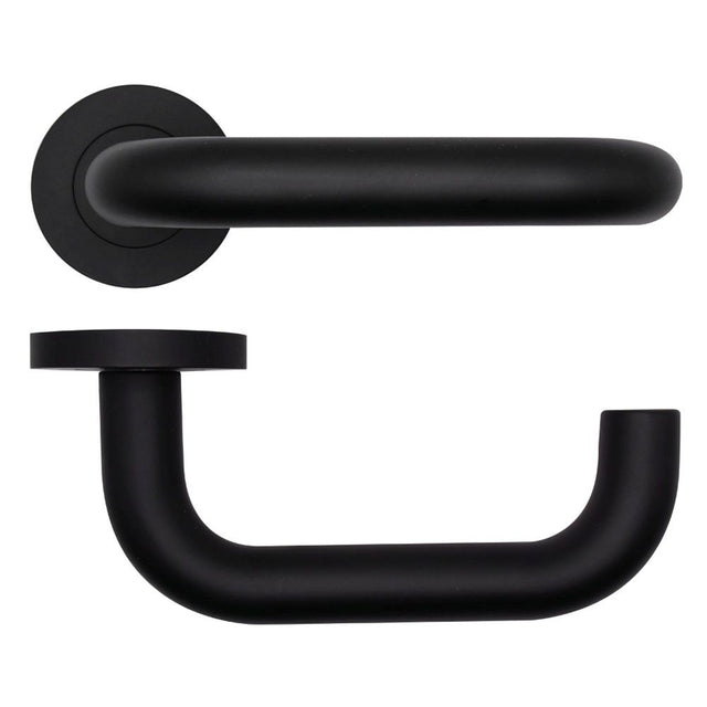 High quality image of the Rosso Tecnica - Maggiore Lever on Round Rose - Powder Coat Black | Sku. rt030pcb | available to order from Trade Door Handles.