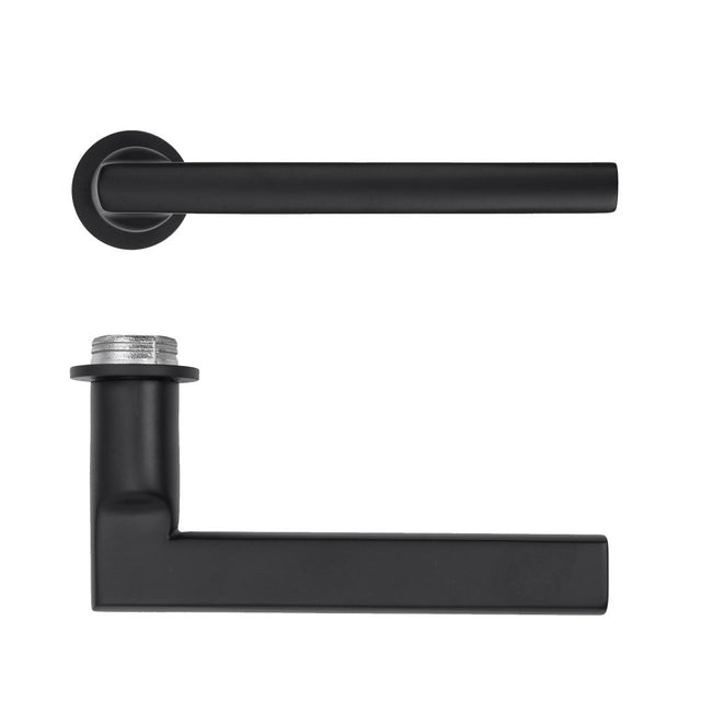 High quality image of the Rosso Tecnica - Varese Lever on 32mm Round Mini Rose - Powder Coat Black | Sku. RT040-MINI-PCB | available to order from Trade Door Handles.