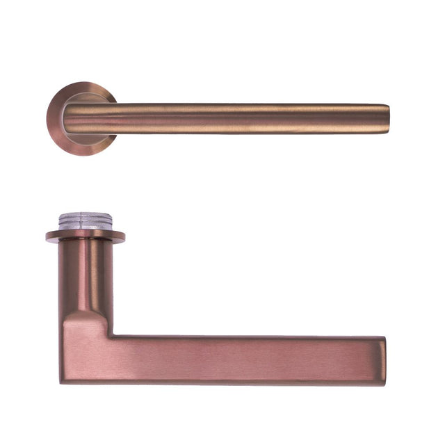 High quality image of the Rosso Tecnica - Varese Lever on 32mm Round Mini Rose - PVD Satin Bronze | Sku. RT040-MINI-PVDBZ | available to order from Trade Door Handles.