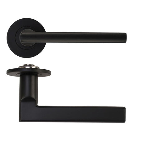 High quality image of the Rosso Tecnica - Varese Lever on 4mm Round Slim Sprung Rose - Powder Coat Black | Sku. RT040-SLIM-PCB | available to order from Trade Door Handles.