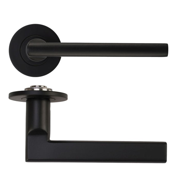 High quality image of the Rosso Tecnica - Varese Lever on 4mm Round Slim Sprung Rose - Powder Coat Black | Sku. RT040-SLIM-PCB | available to order from Trade Door Handles.