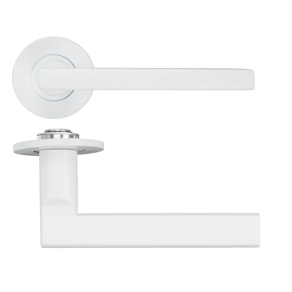 High quality image of the Rosso Tecnica - Varese Lever on 4mm Round Slim Sprung Rose - Powder Coat White | Sku. RT040-SLIM-PCW | available to order from Trade Door Handles.