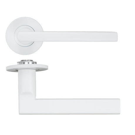 High quality image of the Rosso Tecnica - Varese Lever on 4mm Round Slim Sprung Rose - Powder Coat White | Sku. RT040-SLIM-PCW | available to order from Trade Door Handles.