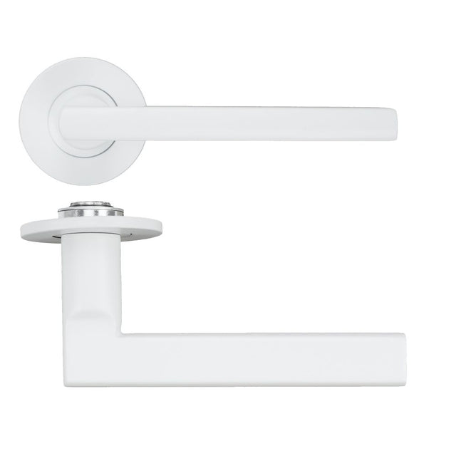 High quality image of the Rosso Tecnica - Varese Lever on 4mm Round Slim Sprung Rose - Powder Coat White | Sku. RT040-SLIM-PCW | available to order from Trade Door Handles.