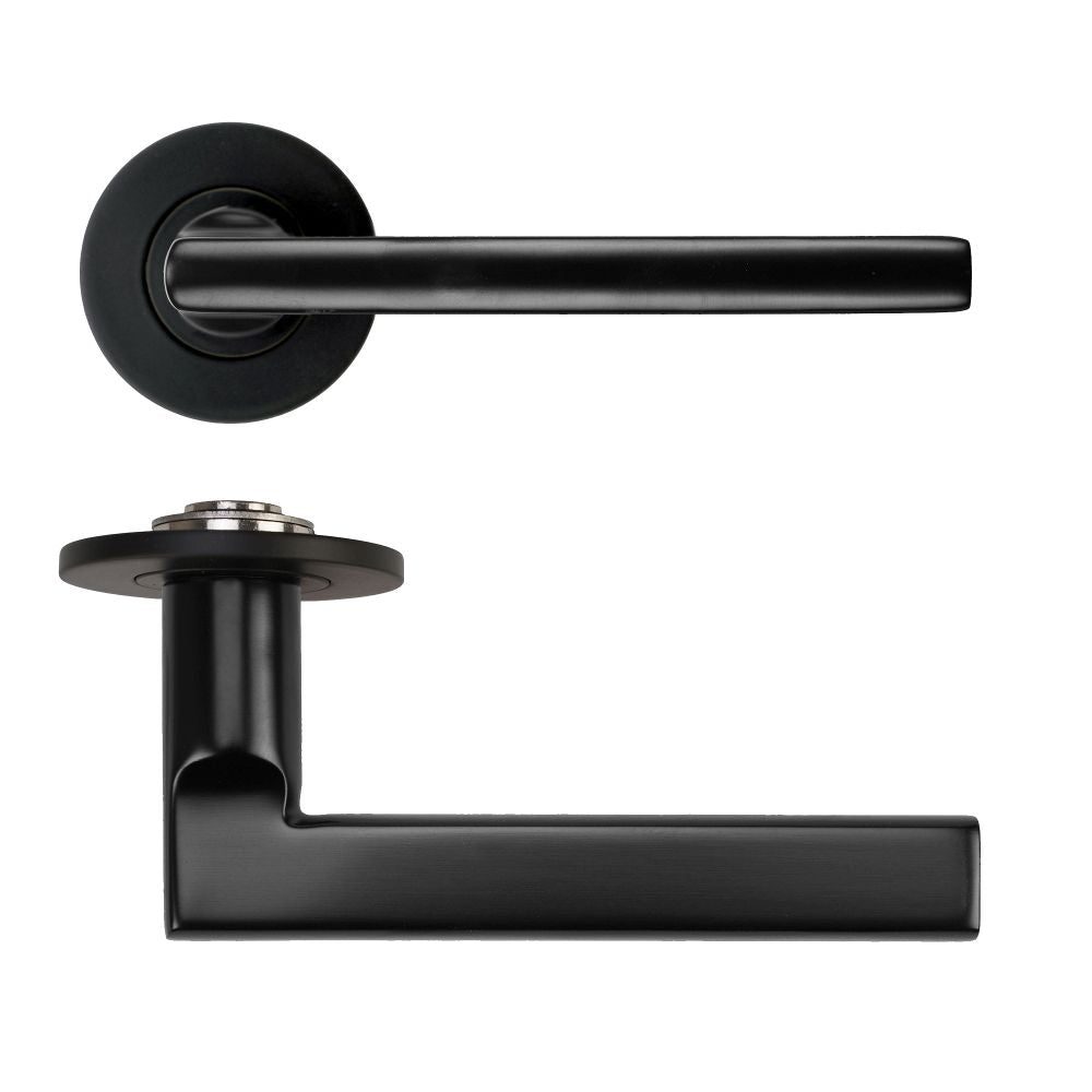 High quality image of the Rosso Tecnica - Varese Lever on 4mm Round Slim Sprung Rose - PVD Black | Sku. RT040-SLIM-PVDBLK | available to order from Trade Door Handles.