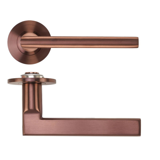 High quality image of the Rosso Tecnica - Varese Lever on 4mm Round Slim Sprung Rose - PVD Satin Bronze | Sku. RT040-SLIM-PVDBZ | available to order from Trade Door Handles.