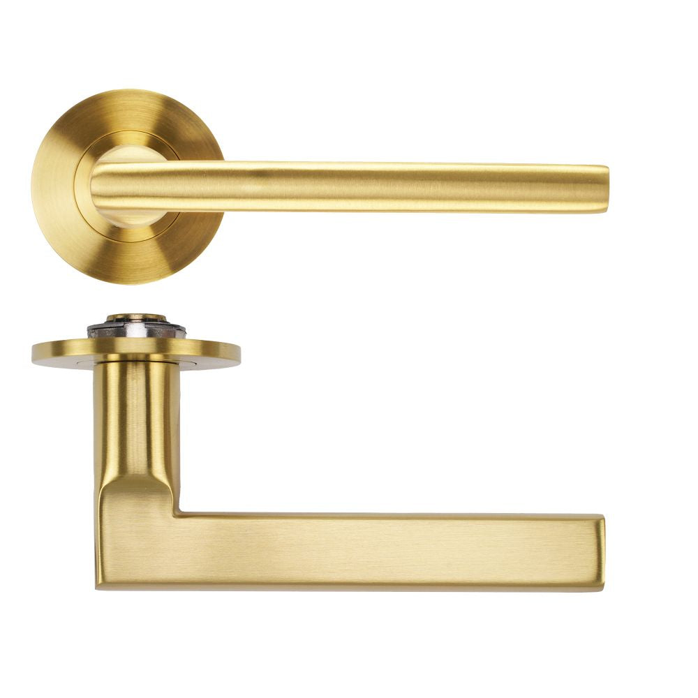 High quality image of the Rosso Tecnica - Varese Lever on 4mm Round Slim Sprung Rose - PVD Satin Brass | Sku. RT040-SLIM-PVDSB | available to order from Trade Door Handles.