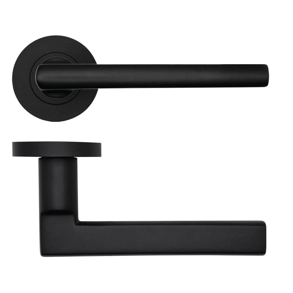 High quality image of the Rosso Tecnica - Varese Lever on Round Rose - Powder Coat Black | Sku. rt040pcb | available to order from Trade Door Handles.