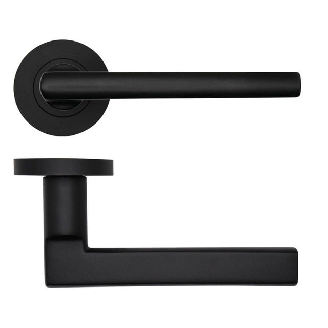 High quality image of the Rosso Tecnica - Varese Lever on Round Rose - Powder Coat Black | Sku. rt040pcb | available to order from Trade Door Handles.