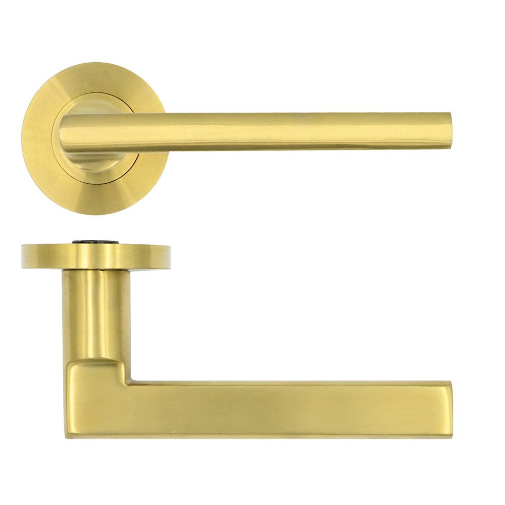 High quality image of the Rosso Tecnica - Varese Lever on Round Rose - PVD Satin Brass | Sku. rt040pvdsb | available to order from Trade Door Handles.