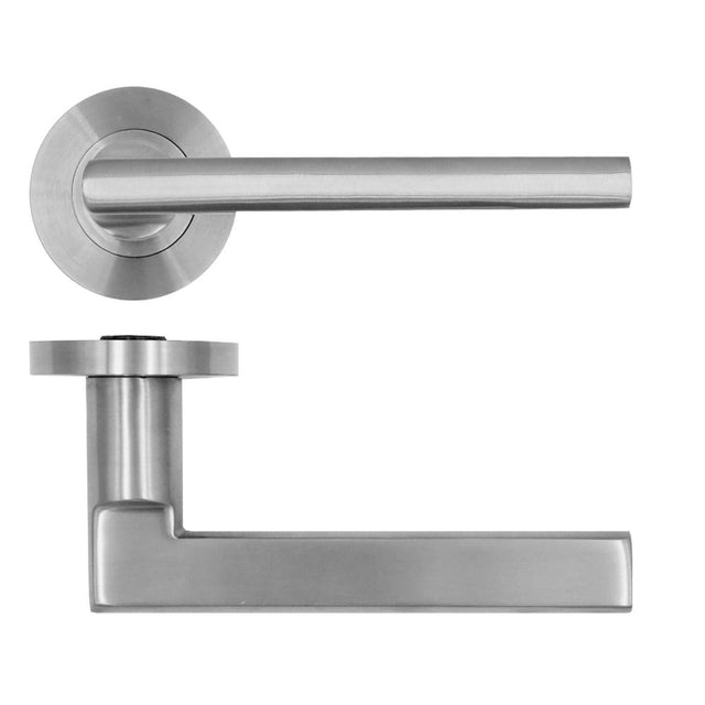 High quality image of the Rosso Tecnica - Varese Lever on Round Rose - Stainless - Stain Stainless Steel | Sku. rt040ss | available to order from Trade Door Handles.