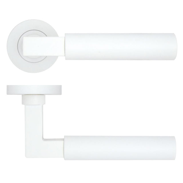 High quality image of the Rosso Tecnica - Garda Lever on Round Rose - Powder Coat White | Sku. rt050-pcw | available to order from Trade Door Handles.