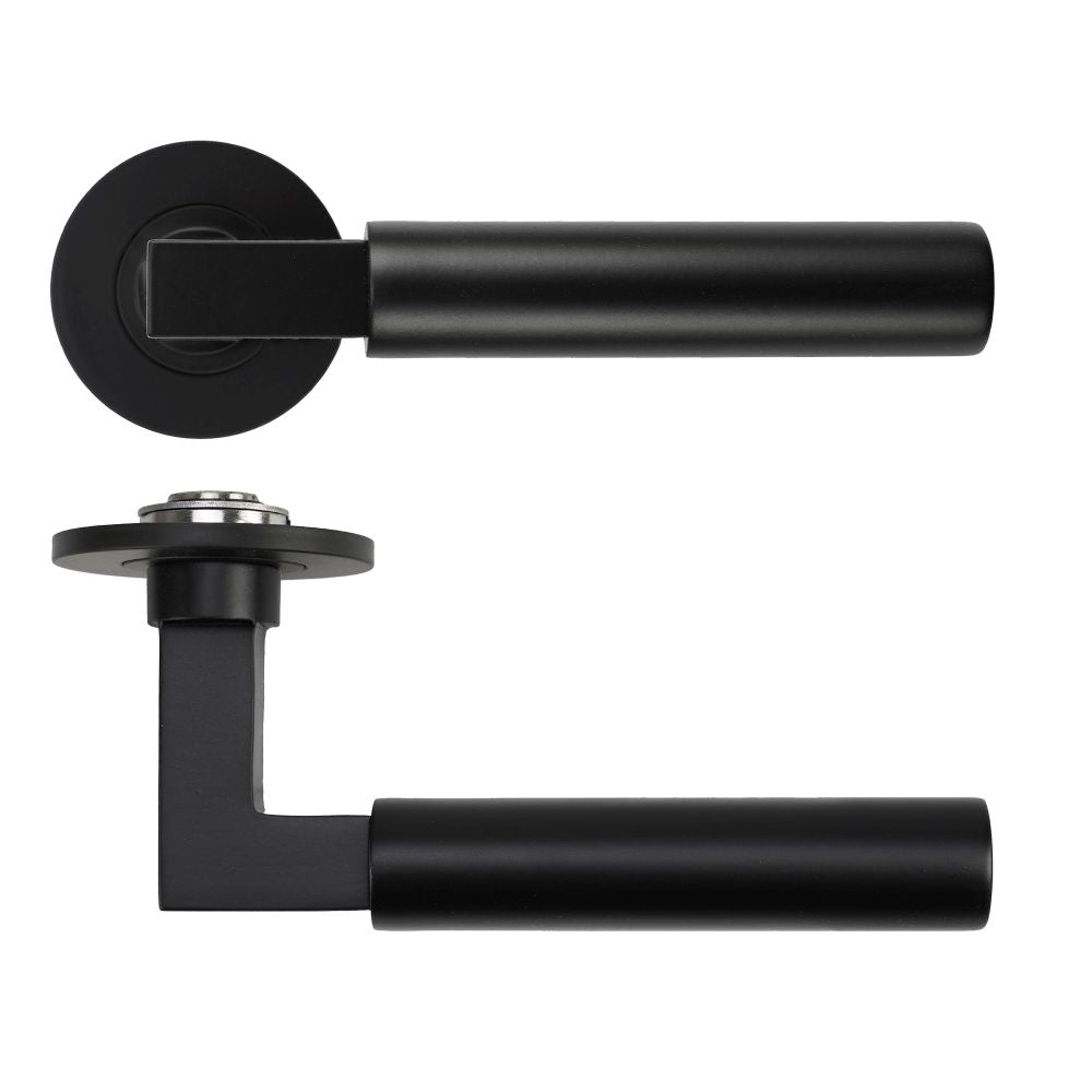High quality image of the Rosso Tecnica - Garda Lever on 4mm Round Slim Sprung Rose - PVD Black | Sku. RT050-SLIM-PVDBLK | available to order from Trade Door Handles.