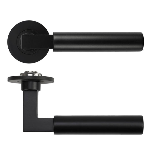 High quality image of the Rosso Tecnica - Garda Lever on 4mm Round Slim Sprung Rose - PVD Black | Sku. RT050-SLIM-PVDBLK | available to order from Trade Door Handles.