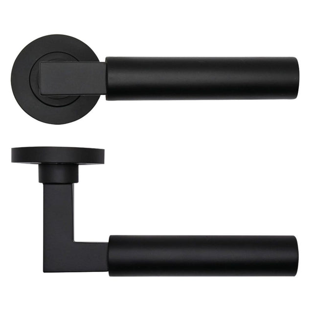 High quality image of the Rosso Tecnica - Garda Lever on Round Rose - Powder Coat Black | Sku. rt050pcb | available to order from Trade Door Handles.