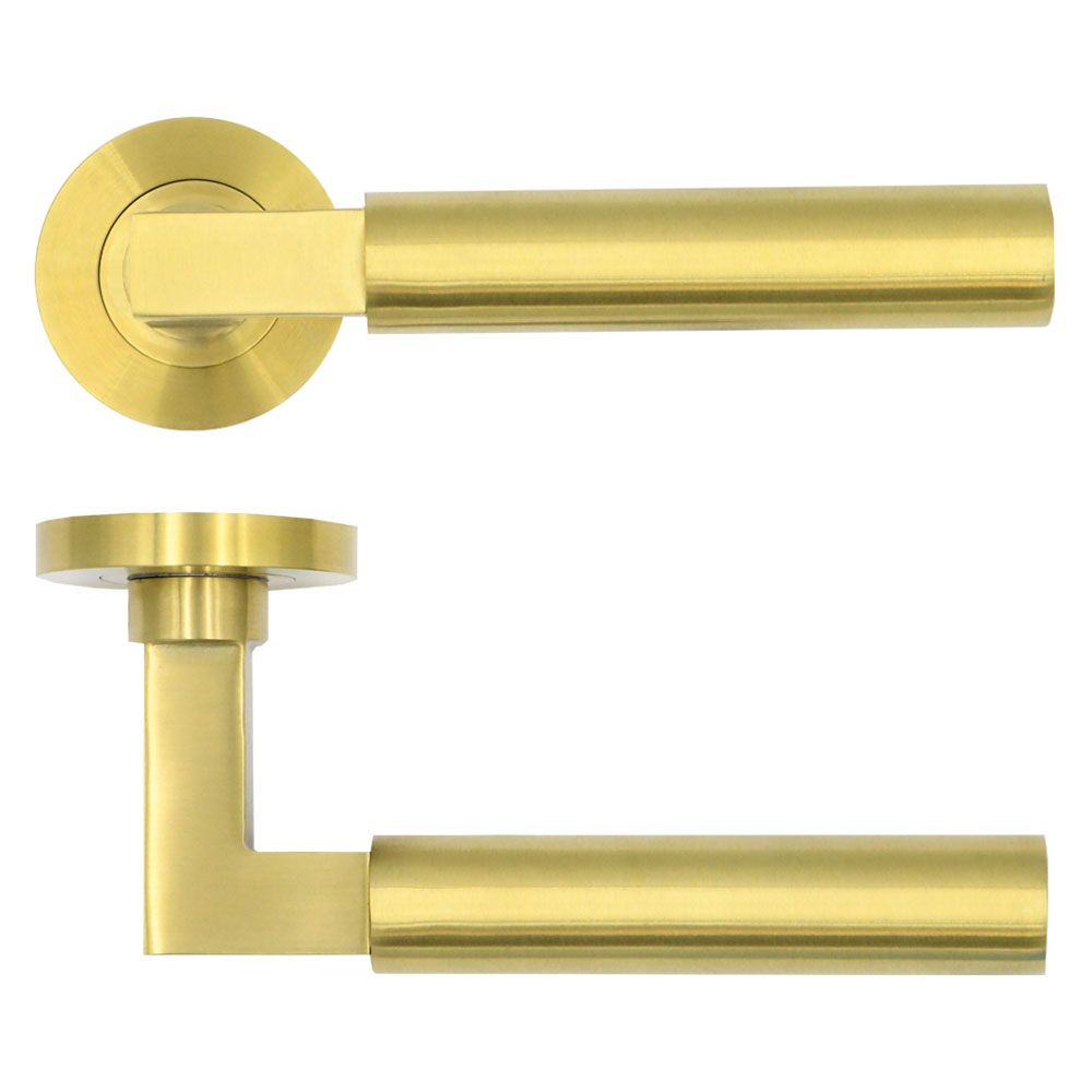 High quality image of the Rosso Tecnica - Garda Lever on Round Rose - PVD Satin Brass | Sku. rt050pvdsb | available to order from Trade Door Handles.
