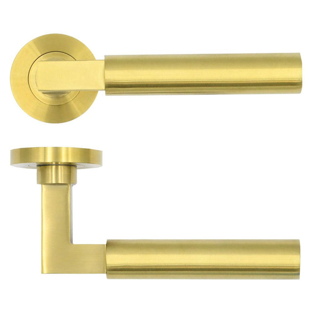High quality image of the Rosso Tecnica - Garda Lever on Round Rose - PVD Satin Brass | Sku. rt050pvdsb | available to order from Trade Door Handles.