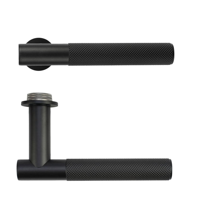 High quality image of the Rosso Tecnica - Orta Lever on 32mm Round Mini Rose - Powder Coat Black | Sku. RT060-MINI-PCB | available to order from Trade Door Handles.