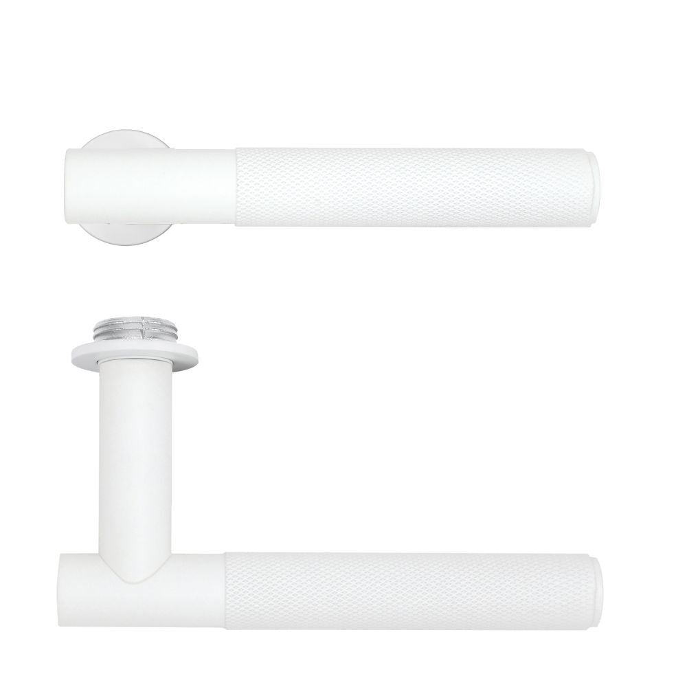 High quality image of the Rosso Tecnica - Orta Lever on 32mm Round Mini Rose - Powder Coat White | Sku. RT060-MINI-PCW | available to order from Trade Door Handles.