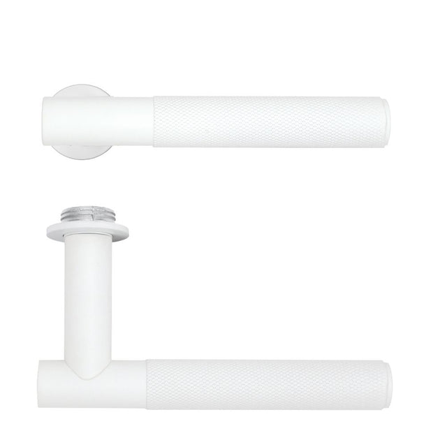 High quality image of the Rosso Tecnica - Orta Lever on 32mm Round Mini Rose - Powder Coat White | Sku. RT060-MINI-PCW | available to order from Trade Door Handles.