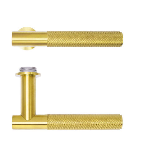 High quality image of the Rosso Tecnica - Orta Lever on 32mm Round Mini Rose - PVD Satin Brass | Sku. RT060-MINI-PVDSB | available to order from Trade Door Handles.