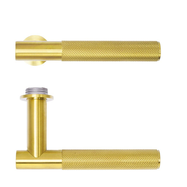 High quality image of the Rosso Tecnica - Orta Lever on 32mm Round Mini Rose - PVD Satin Brass | Sku. RT060-MINI-PVDSB | available to order from Trade Door Handles.