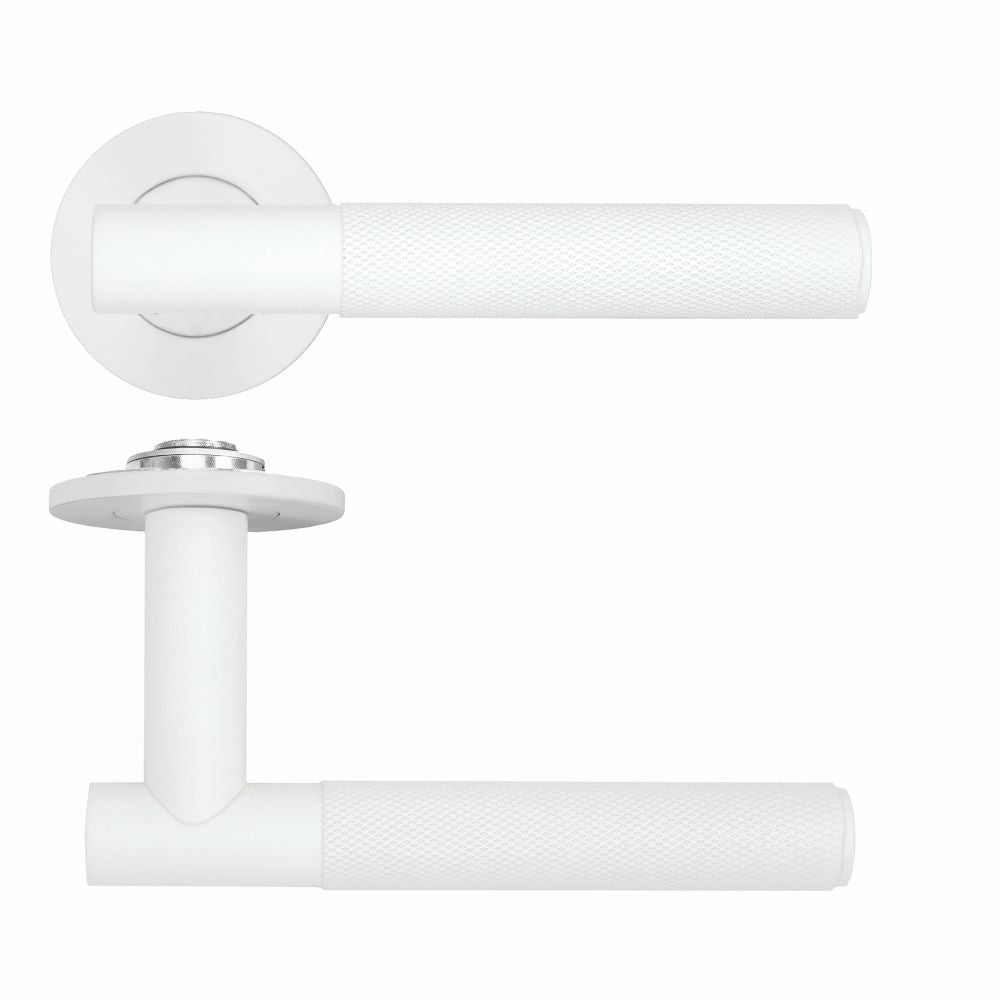 High quality image of the Rosso Tecnica - Orta Lever on 4mm Round Slim Sprung Rose - Powder Coat White | Sku. RT060-SLIM-PCW | available to order from Trade Door Handles.