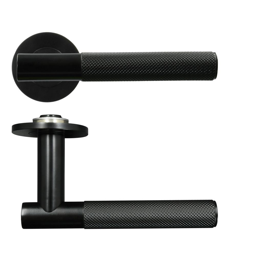 High quality image of the Rosso Tecnica - Orta Lever on 4mm Round Slim Sprung Rose - PVD Black | Sku. RT060-SLIM-PVDBLK | available to order from Trade Door Handles.