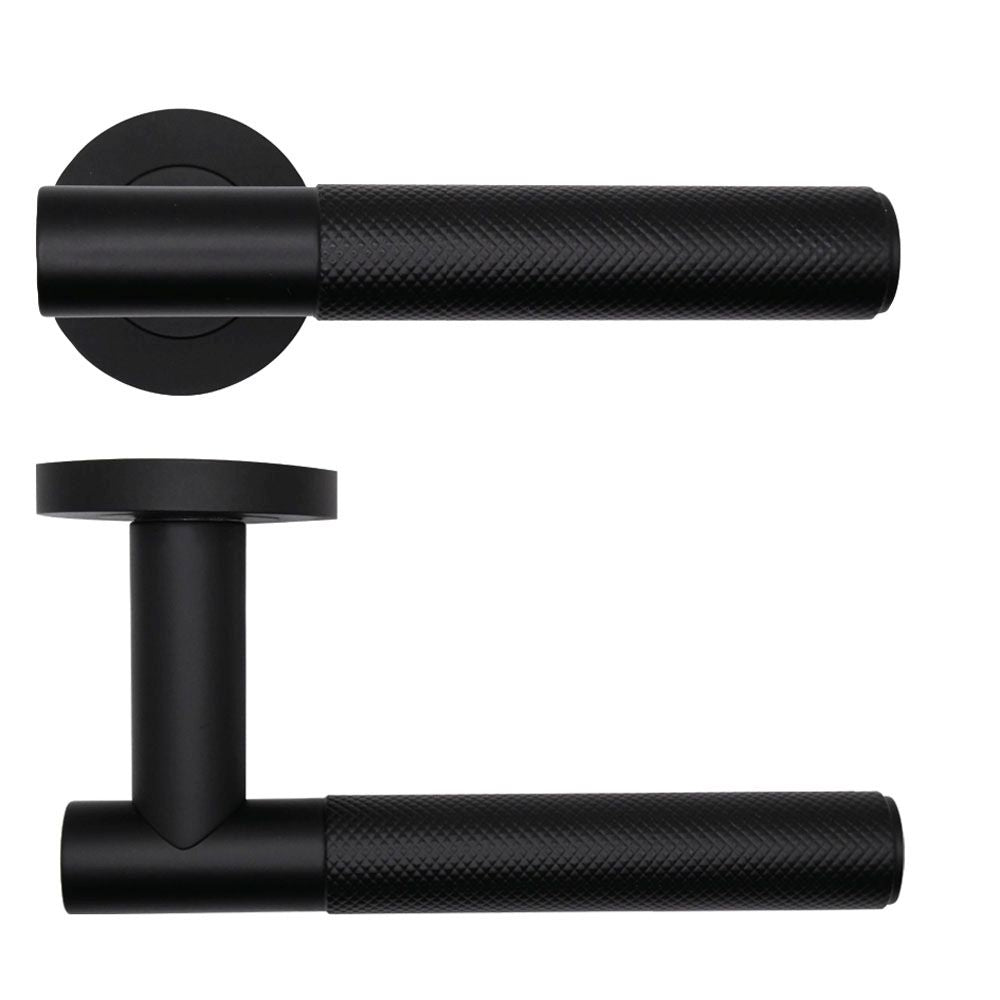 High quality image of the Rosso Tecnica - Orta Lever on Round Rose - Powder Coat Black | Sku. rt060pcb | available to order from Trade Door Handles.