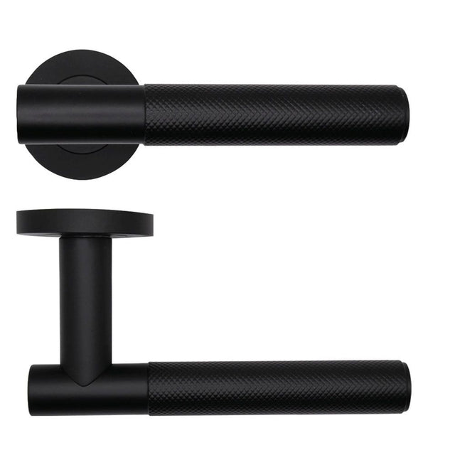 High quality image of the Rosso Tecnica - Orta Lever on Round Rose - Powder Coat Black | Sku. rt060pcb | available to order from Trade Door Handles.