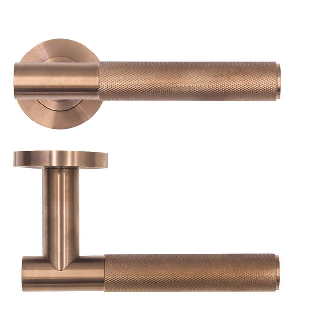 High quality image of the Rosso Tecnica - Orta Lever on Round Rose - PVD Satin Bronze | Sku. rt060pvdbz | available to order from Trade Door Handles.
