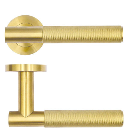 High quality image of the Rosso Tecnica - Orta Lever on Round Rose - PVD Satin Brass | Sku. rt060pvdsb | available to order from Trade Door Handles.