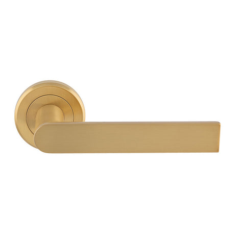 High quality image of Serozzetta - Edge Lever on Round Rose - Satin Brass | Sku. szm210sb | available to order from Trade Door Handles in Kendal.