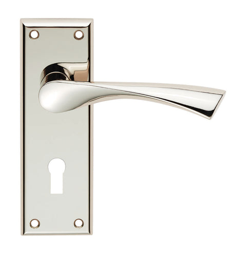 High quality image of Serozzetta - venti lever on face-fix backplate - lock 57mm - polished nickel | Sku. szr021pn | Trade Door Handles.