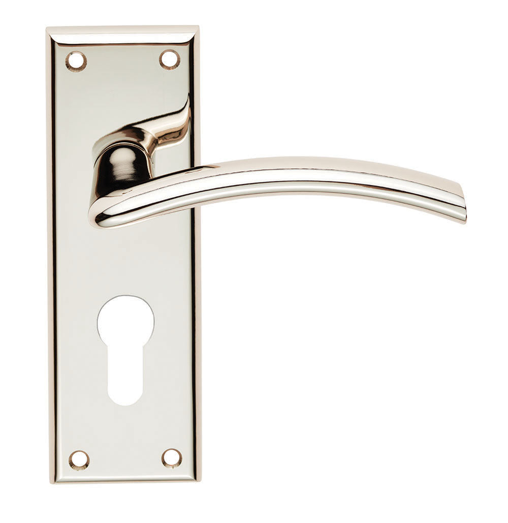 High quality image of Serozzetta - Trenta Lever on Euro Lock Backplate - Polished Nickel | Sku. szr031ypn | Trade Door Handles.