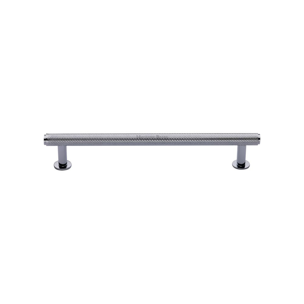 High quality image of Heritage Brass - Cabinet Pull Knurled Design with Rose 128mm CTC Polished Chrome Fin | Sku. v4459-128-pc | Trade Door Handles, Kendal.