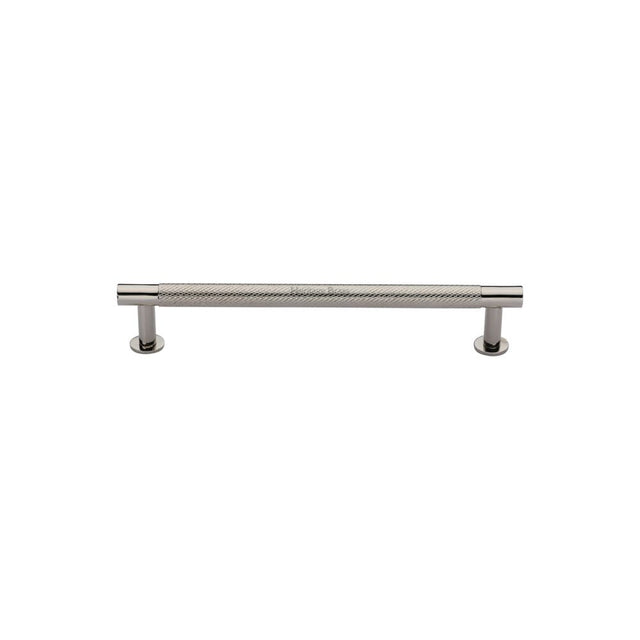 High quality image of Heritage Brass - Cabinet Pull Partial Knurled Design with Rose 96mm CTC Polished Nic | Sku. v4462-96-pnf | Trade Door Handles, Kendal.