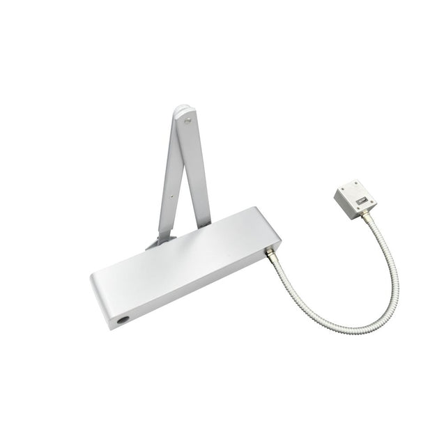 High quality image of the Vier - Electro Magnetic Overhead Door Closer, Hold Open/Swing Free, Fixed Size 3 c/w Matching Arm/Semi Radius Cover, Silver Enamel Finish | Sku. vdc-ems03-ho-sf-sr-se | available to order from Trade Door Handles.