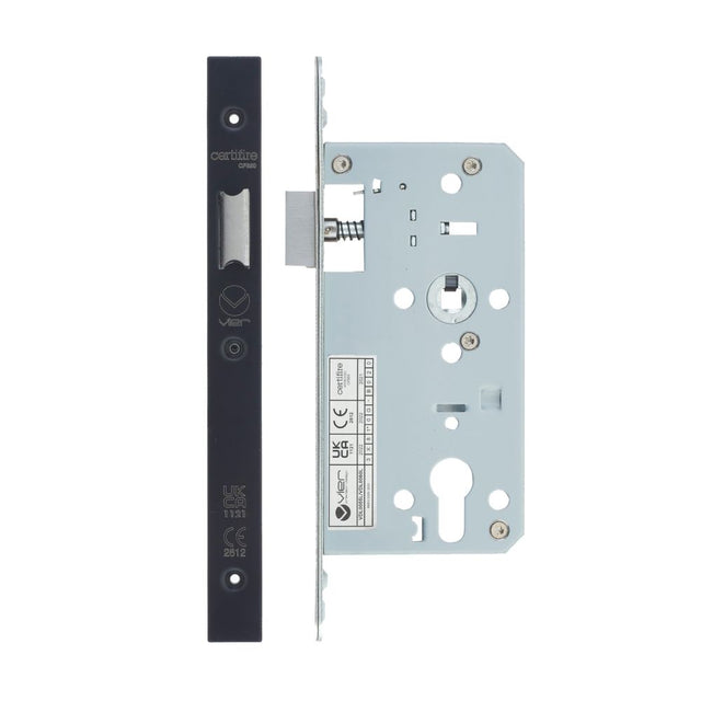 High quality image of the Vier - Din Latch - Backset 55mm - 2 Pc Forend - Square - PCB - Powder Coated Black | Sku. vdl0055-l-pcb | available to order from Trade Door Handles.