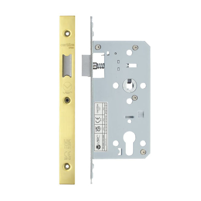 High quality image of the Vier - Din Latch - Backset 55mm - 2 Pc Forend - Square - PVDG- Polished Brass Effect | Sku. vdl0055-l-pvdg | available to order from Trade Door Handles.