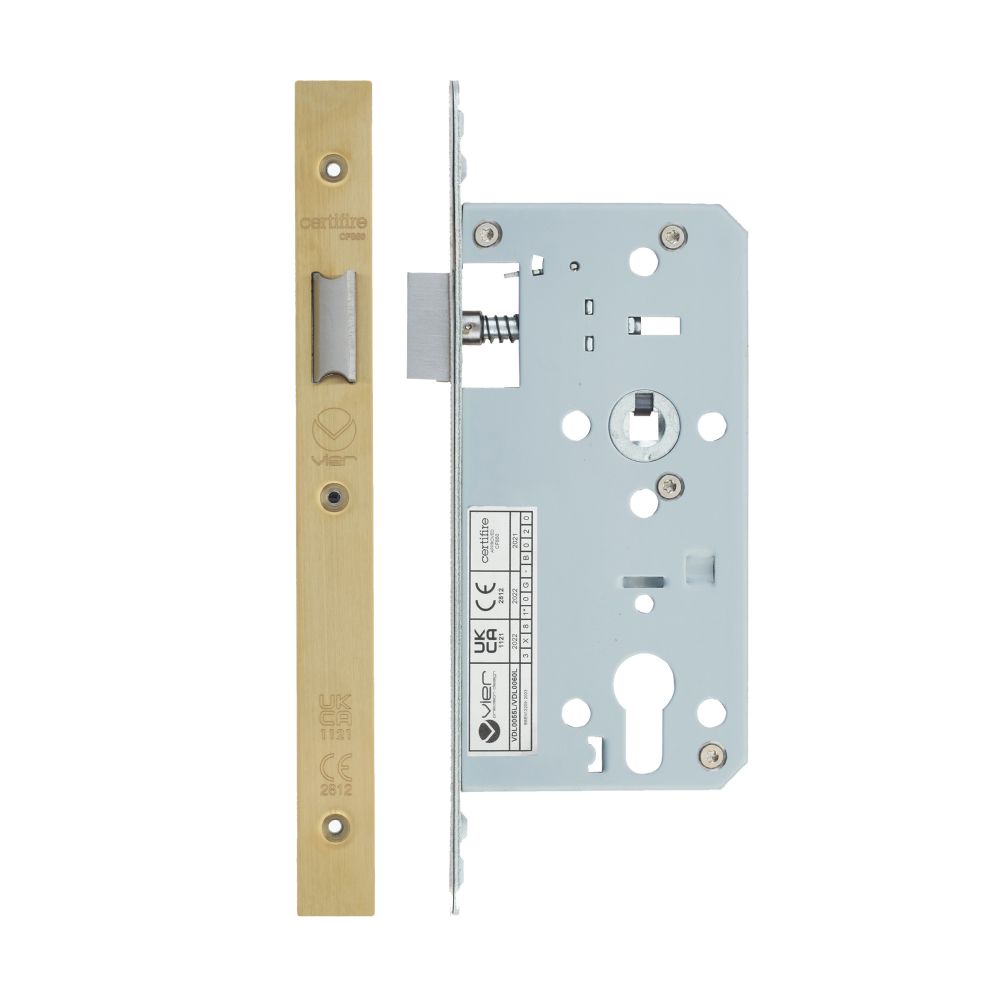 High quality image of the Vier - Din Latch - Backset 55mm - 2 Pc Forend - Square - PVD Satin Brass | Sku. vdl0055-l-pvdsb | available to order from Trade Door Handles.