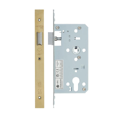 High quality image of the Vier - Din Latch - Backset 55mm - 2 Pc Forend - Square - PVD Satin Brass | Sku. vdl0055-l-pvdsb | available to order from Trade Door Handles.