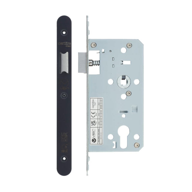 High quality image of the Vier - Din Latch - Backset 55mm - 2 Pc Forend - Radius - PCB - Powder Coated Black | Sku. vdl0055-l-r-pcb | available to order from Trade Door Handles.