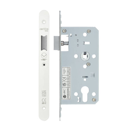 High quality image of the Vier - Din Latch - Backset 55mm - 2 Pc Forend - Radius - PCW - Powder Coated White | Sku. vdl0055-l-r-pcw | available to order from Trade Door Handles.