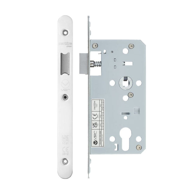 High quality image of the Vier - Din Latch - Backset 55mm - 2 Pc Forend - Radius - Polished Stainless Steel | Sku. vdl0055-l-r-pss | available to order from Trade Door Handles.